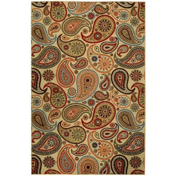 Rubber Back Ivory Paisley Floral Non-Skid Area Rug (3'3 x 5') - green - 3'3 X 5'