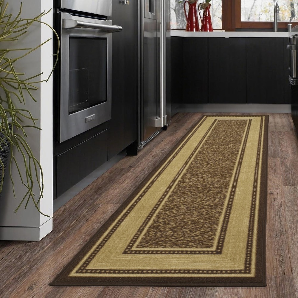 Chocolate Contemporary Bordered Design Modern Runner Rug With Non Skid 