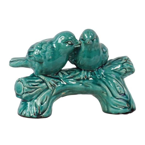 Blue Ceramic Birds on a Stump Sculpture