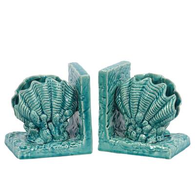 UTC40049: Ceramic Giant Clam Seashell Bookend on Base Gloss Finish Turquoise
