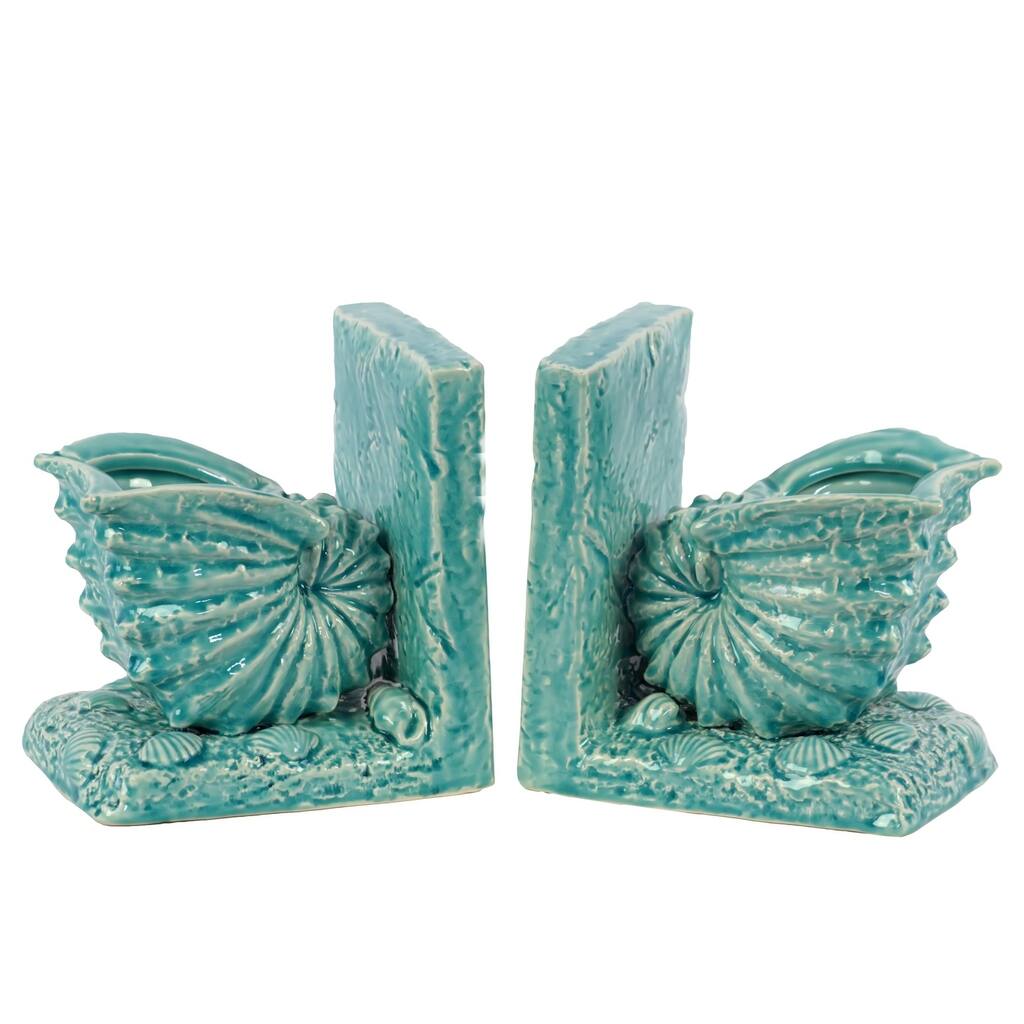 UTC40051: Ceramic Nautilus Seashell Bookend on Base Gloss Finish Turquoise