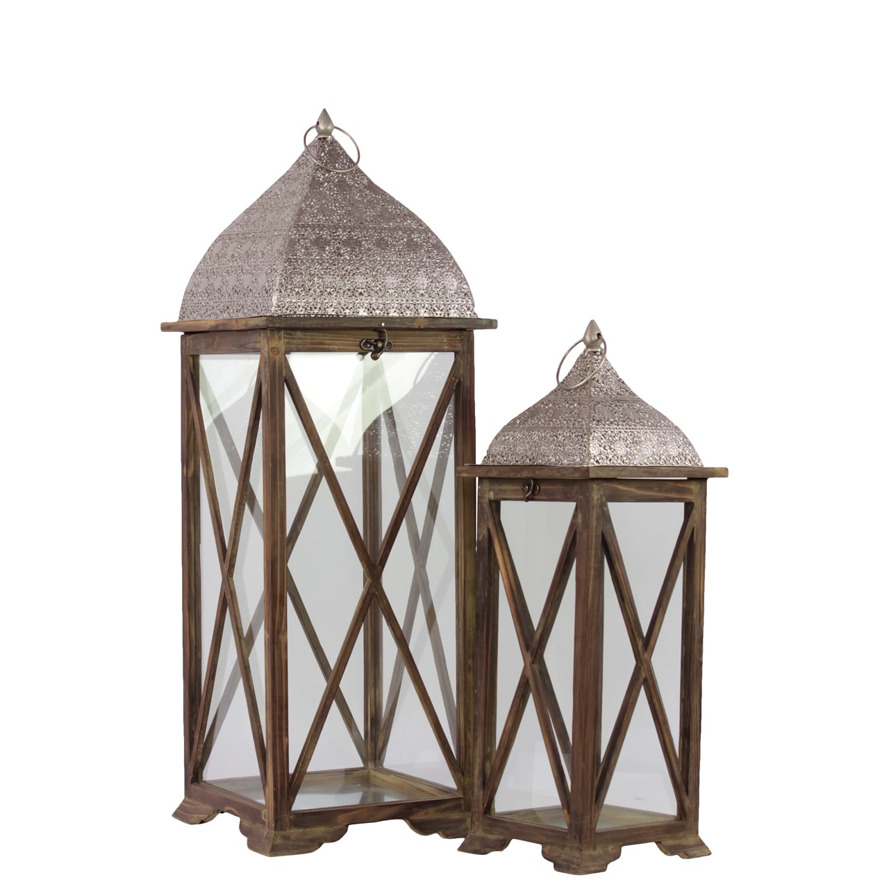 Wooden/ Metal Lantern Set Of Two Brown