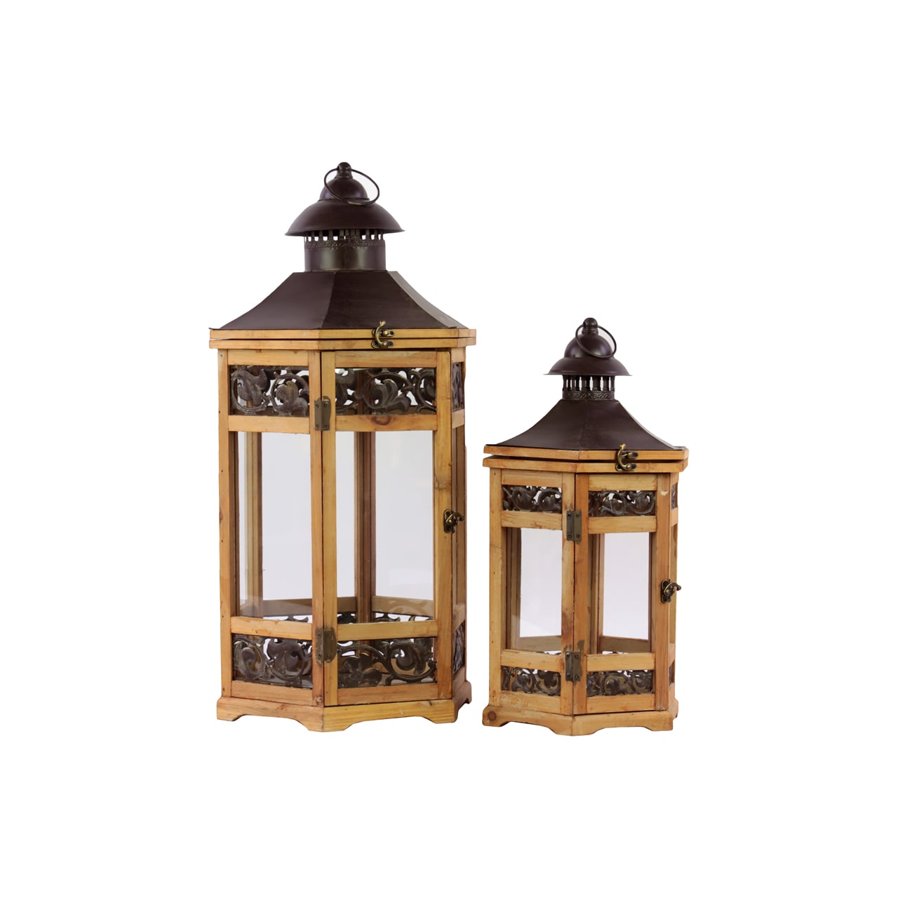 Wooden/ Metal Lantern (set Of Two)