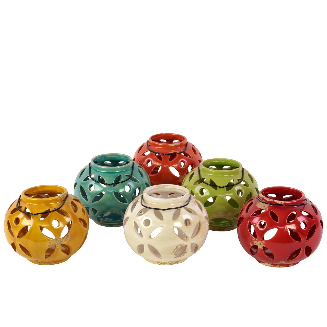 Ceramic Tea Light Lantern Assorted Set Of Six (Red/ turquoise/ green/ orange/ yellow whiteDimensions (each) 8 inches high x 5.5 inches in diameter For decorative purposes only )
