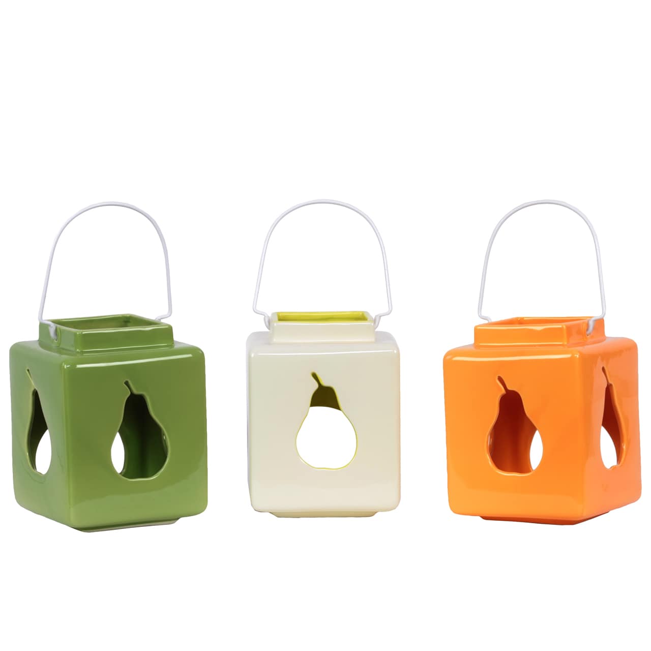 Square Ceramic Lanterns With Pear Cutout (set Of 3)