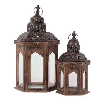 Rustic Antique Finish Wooden Lantern (Set of 2)