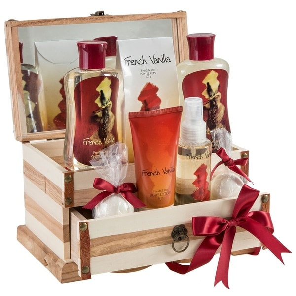 Freida and Joe French Vanilla Bath and Body 7-piece Gift Set in Wooden Jewelry Box