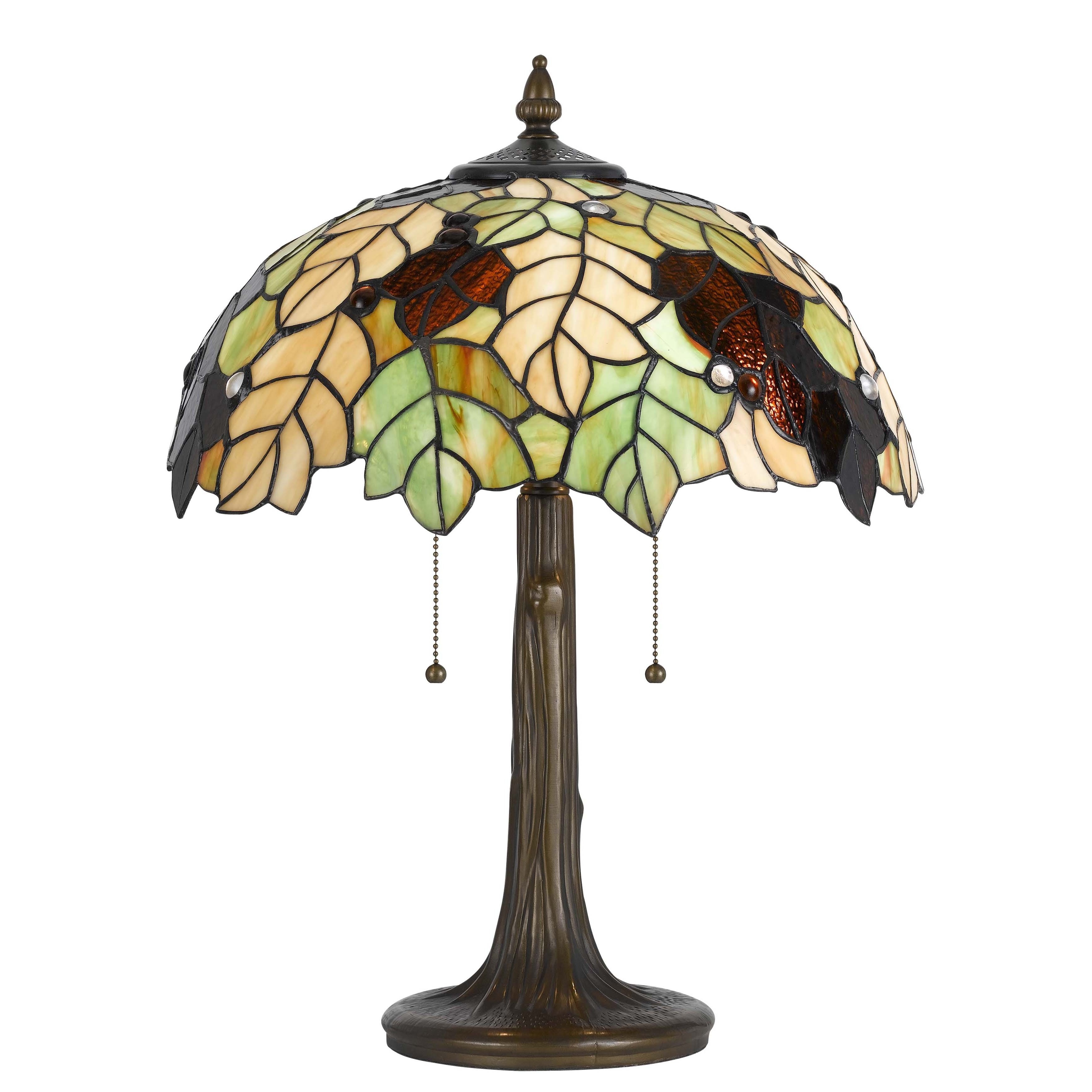 Cal Lighting Tiffany Table Lamp (Glass/ metalFixture finish Antique BrassOn/off switchNumber of lights Two (2)Requires Two (2) 60 watt CFL fluorescent or regular bulbs (not included)Dimensions 23 inches high x 13 inches wide Shade dimension 8 inches 