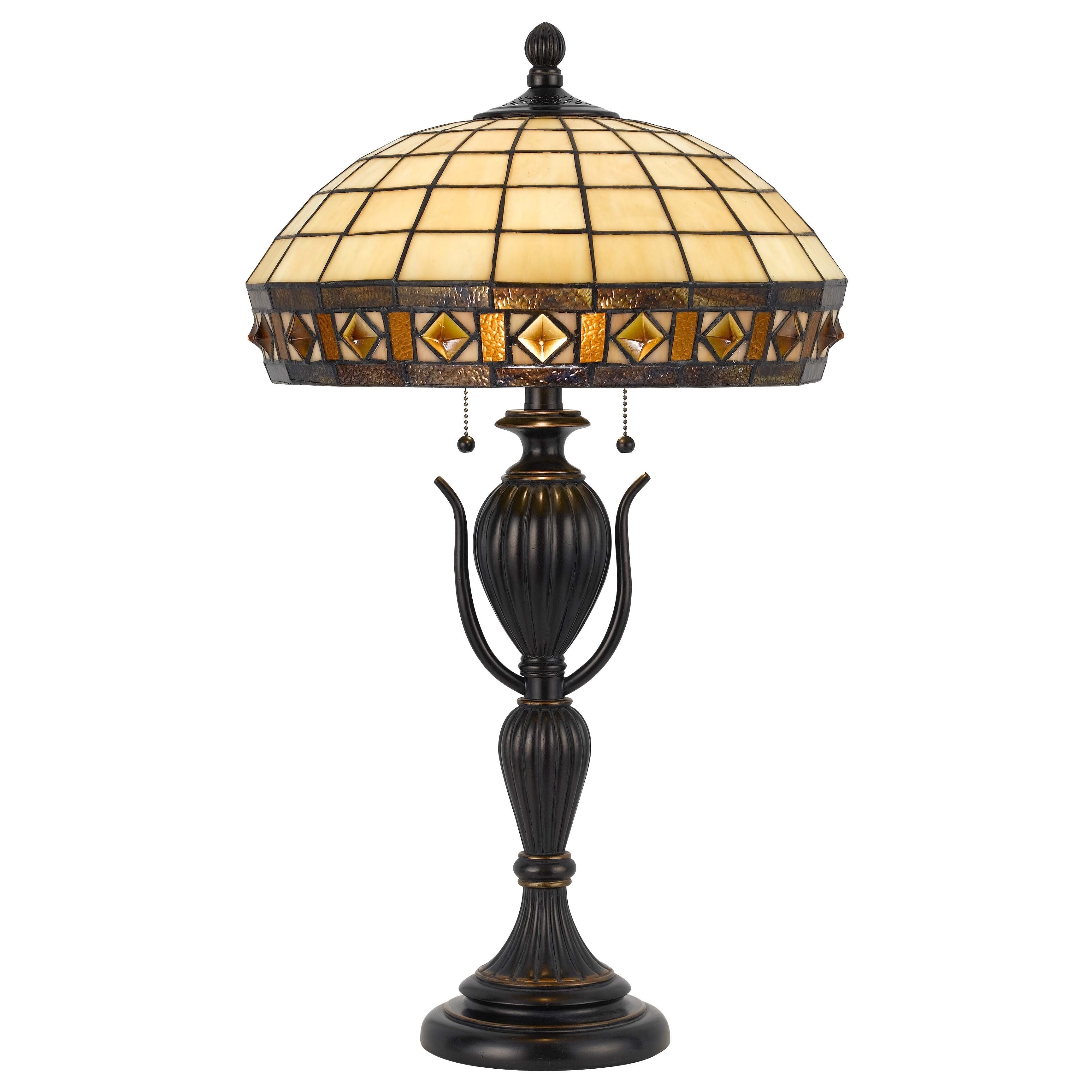 Cal Lighting Tiffany Dark Bronze Table Lamp (Metal/ glassFixture finish Dark bronzeOn/off switchNumber of lights Two (2)Requires Two (2) 60 watt CFL fluorescent or regular bulbs (not included)Dimensions 27.5 inches high x 16 inches wideShade dimension