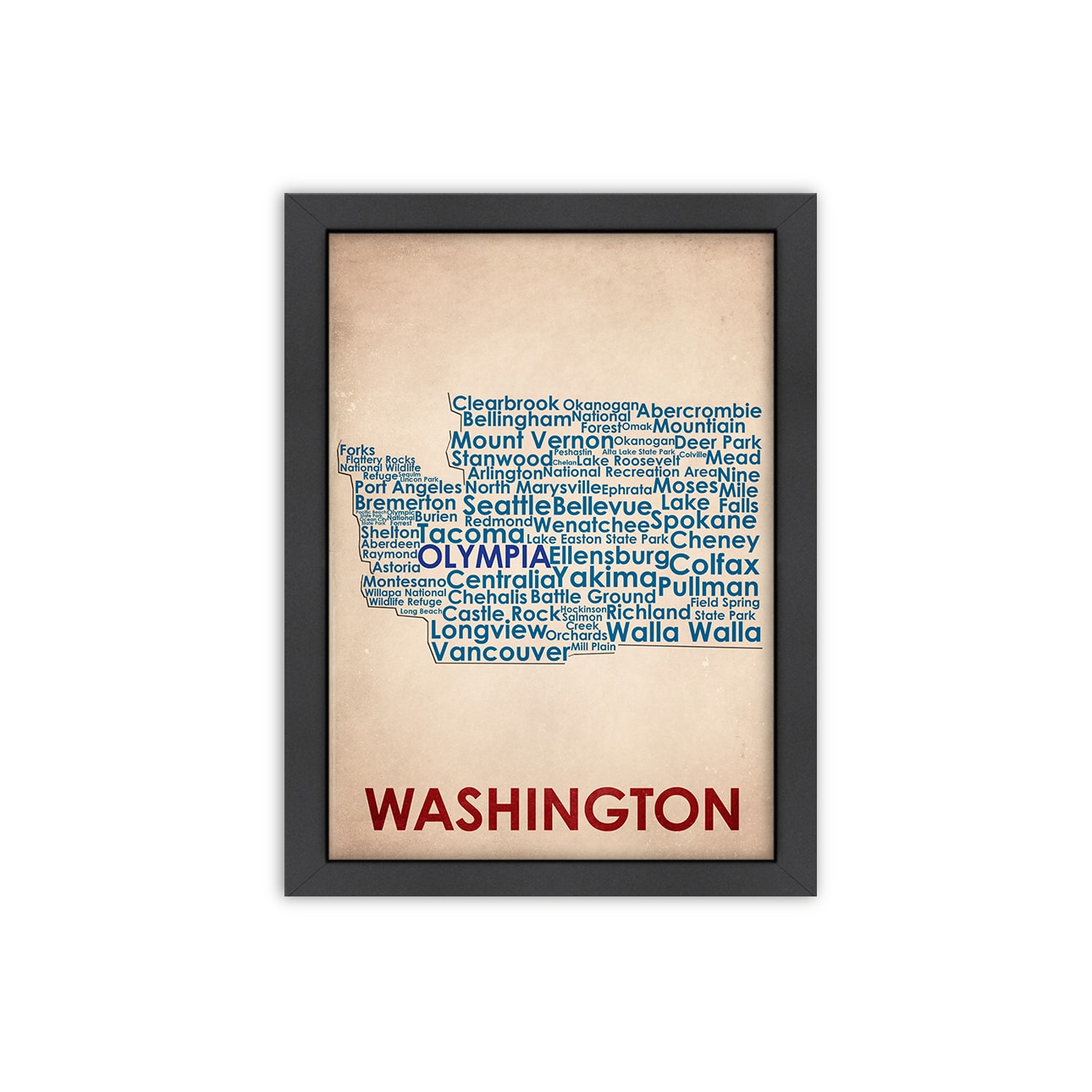 Wordmaps Washington Framed Print (LargeSubject ContemporaryFrame Black wood frame with Italian Gesso Coating, d ring hangar with on a masonite back complete with turn buttonsMedium Giclee print on natural whiteImage dimensions 18 inches x 24 inchesOut