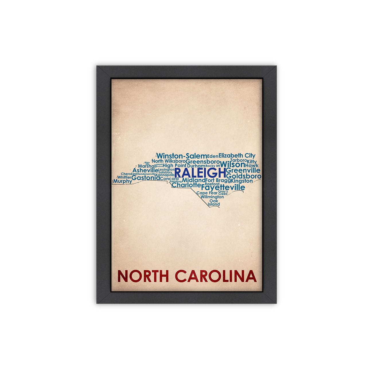 Wordmap North Carolina Framed Print (LargeSubject ContemporaryFrame Black wood frame with Italian Gesso Coating, d ring hangar with on a masonite back complete with turn buttonsMedium Giclee print on natural whiteImage dimensions 18 inches x 24 inches