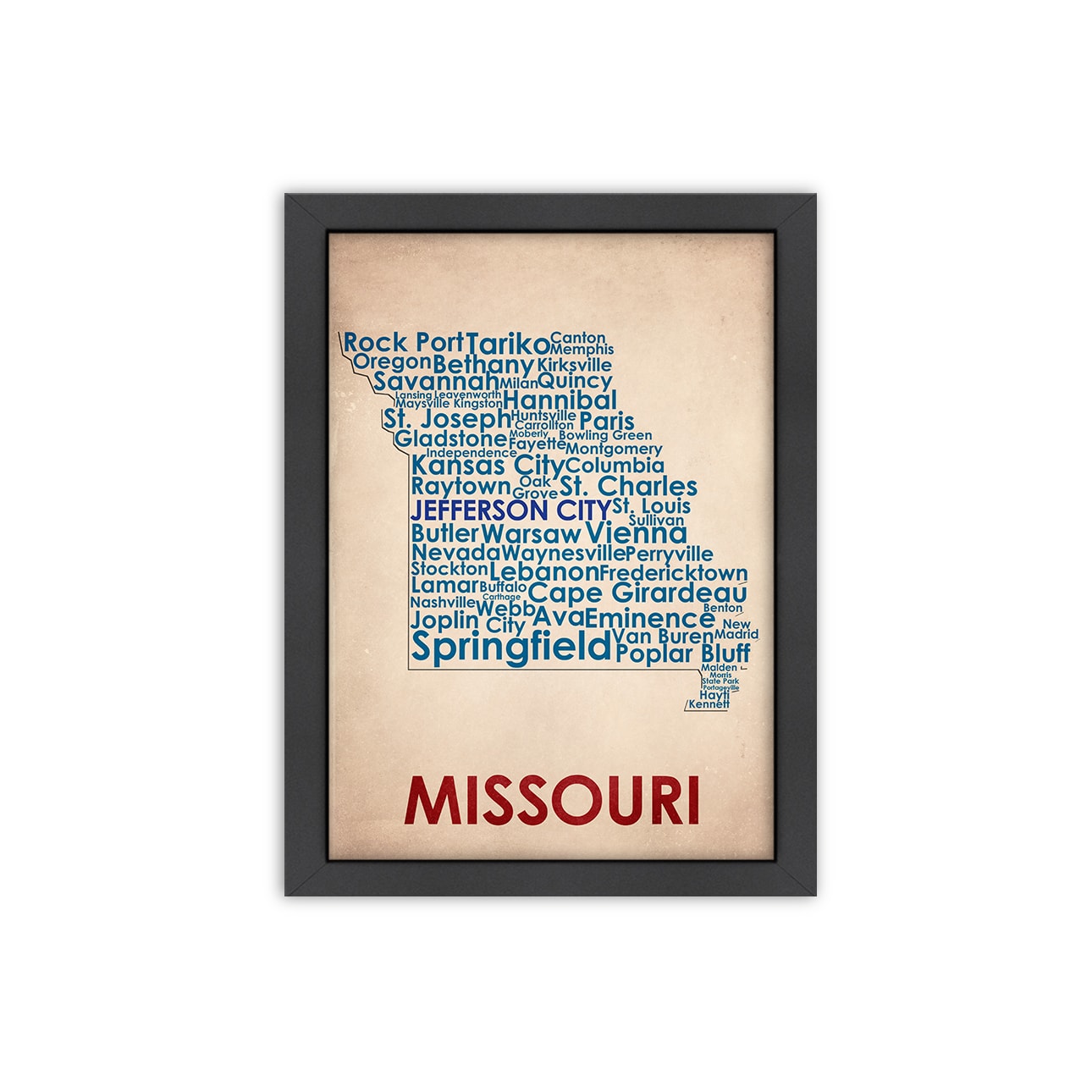 Wordmap Missouri Framed Print (LargeSubject ContemporaryFrame Black wood frame with Italian Gesso Coating, d ring hangar with on a masonite back complete with turn buttonsMedium Giclee print on natural whiteImage dimensions 18 inches x 24 inchesOuter 