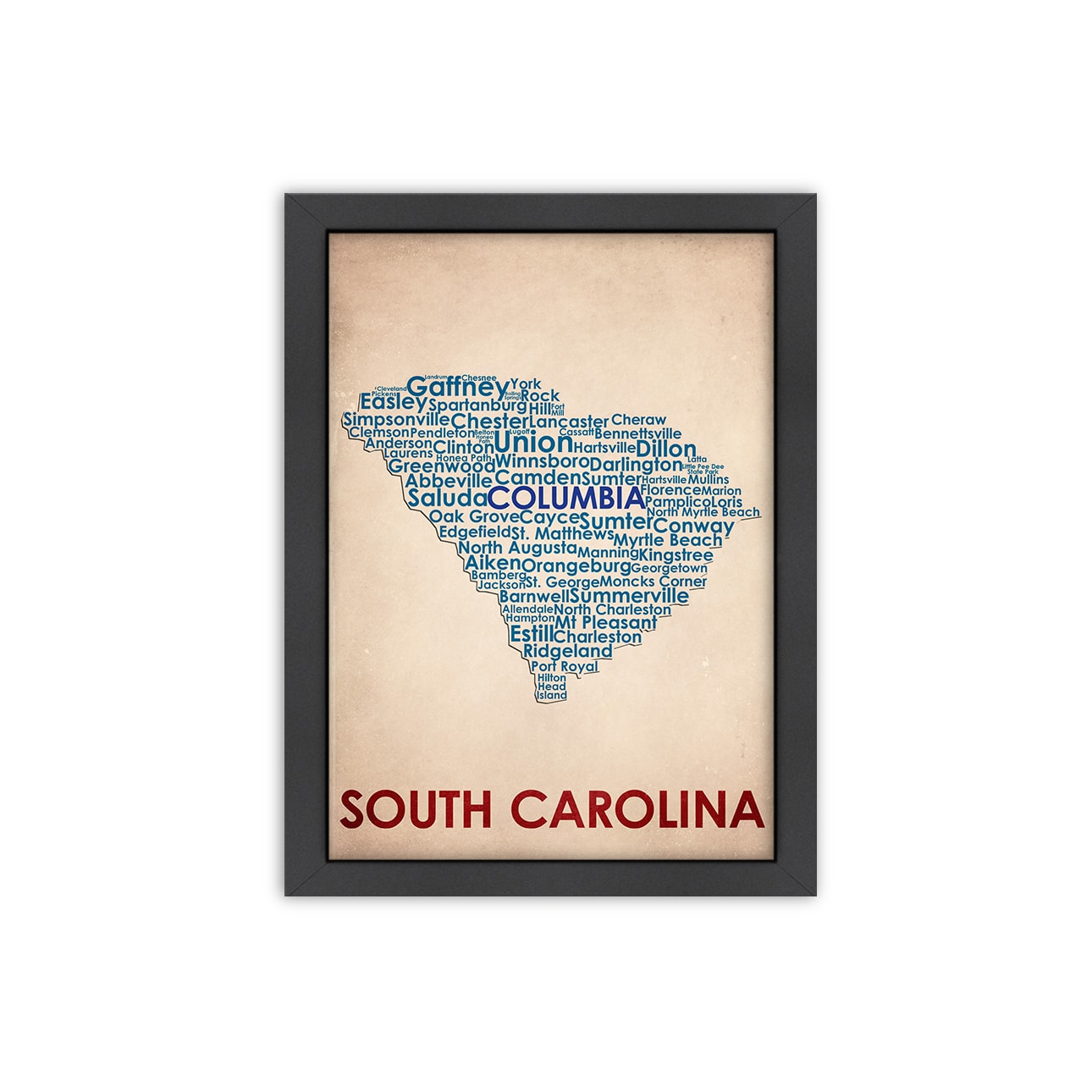 Wordmap South Carolina Framed Print (LargeSubject ContemporaryFrame Black wood frame with Italian Gesso Coating, d ring hangar with on a masonite back complete with turn buttonsMedium Gicl??e print on natural whiteImage dimensions 18 inches x 24 inche