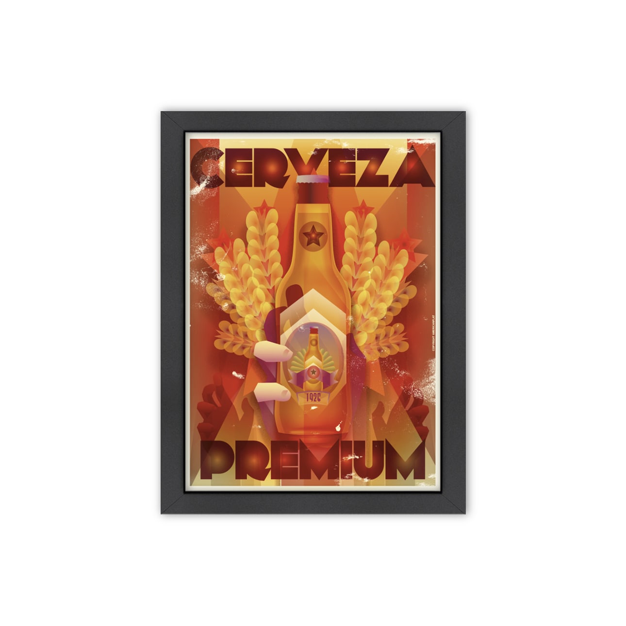 Diego Patino Cerveza Premium Framed Print (LargeSubject ContemporaryFrame Black wood frame with Italian Gesso Coating, d ring hangar with on a masonite back complete with turn buttonsMedium Giclee print on natural whiteImage dimensions 18 inches x 24 