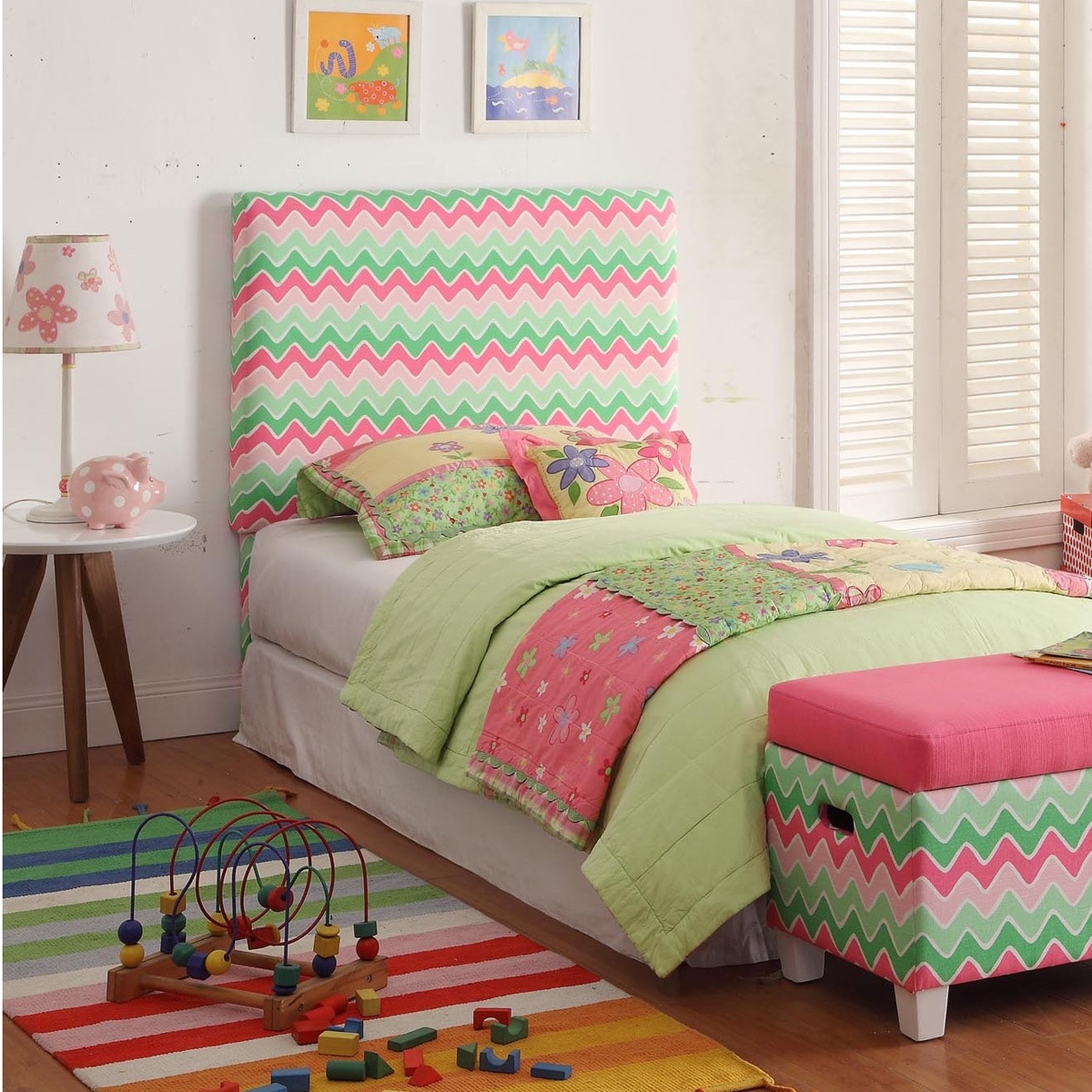 Kids Twin Pink/ Green Chevron Upholstered Headboard