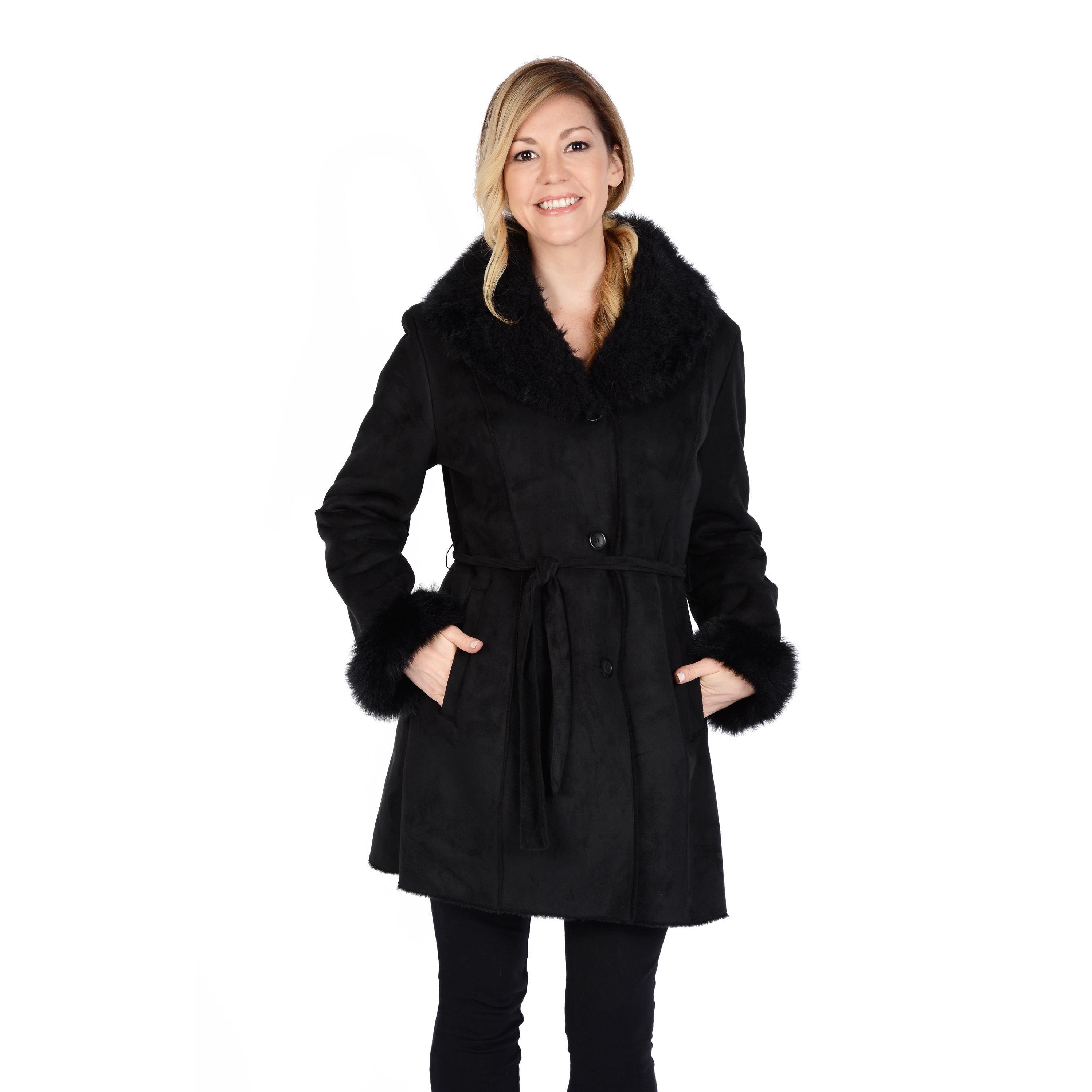 Excelled Womens Shearling Belted Coat