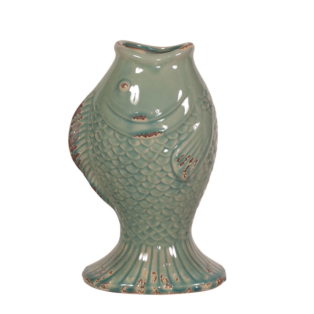 Sea Blue Glaze Rustic Accents Ceramic Fish Vase