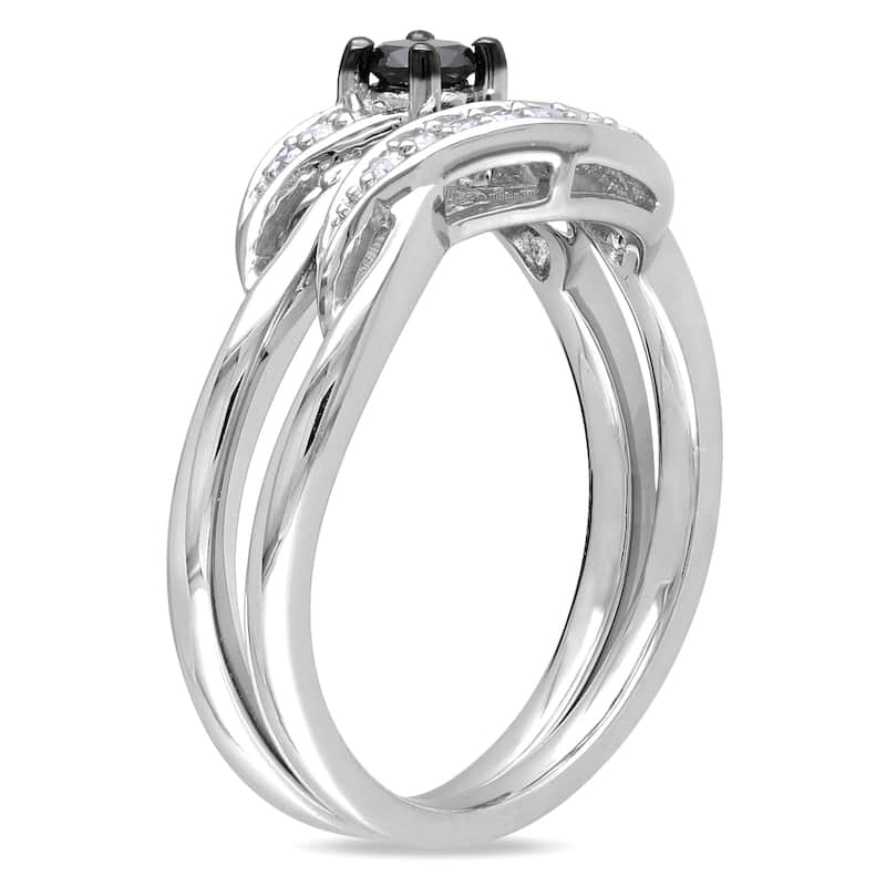 Miadora Sterling Silver 1/4ct TDW Black and White Diamond Crossover Bridal Ring Set