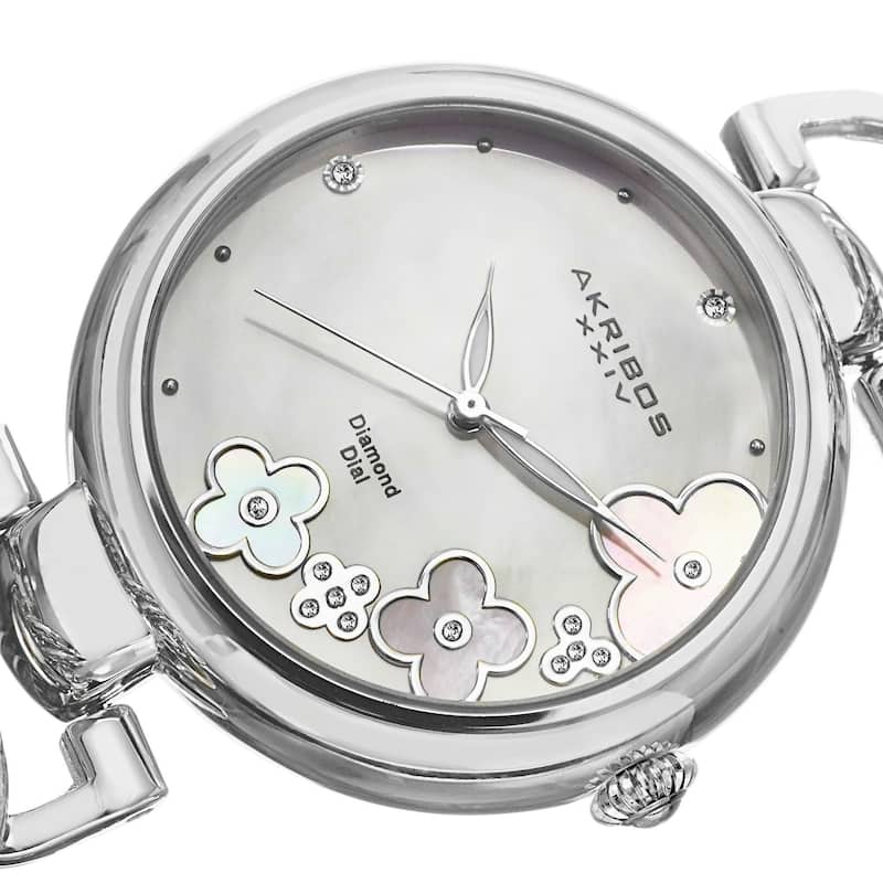 Akribos XXIV Women's Diamond Flower Dial Twist Chain Silver-Tone Bracelet Watch