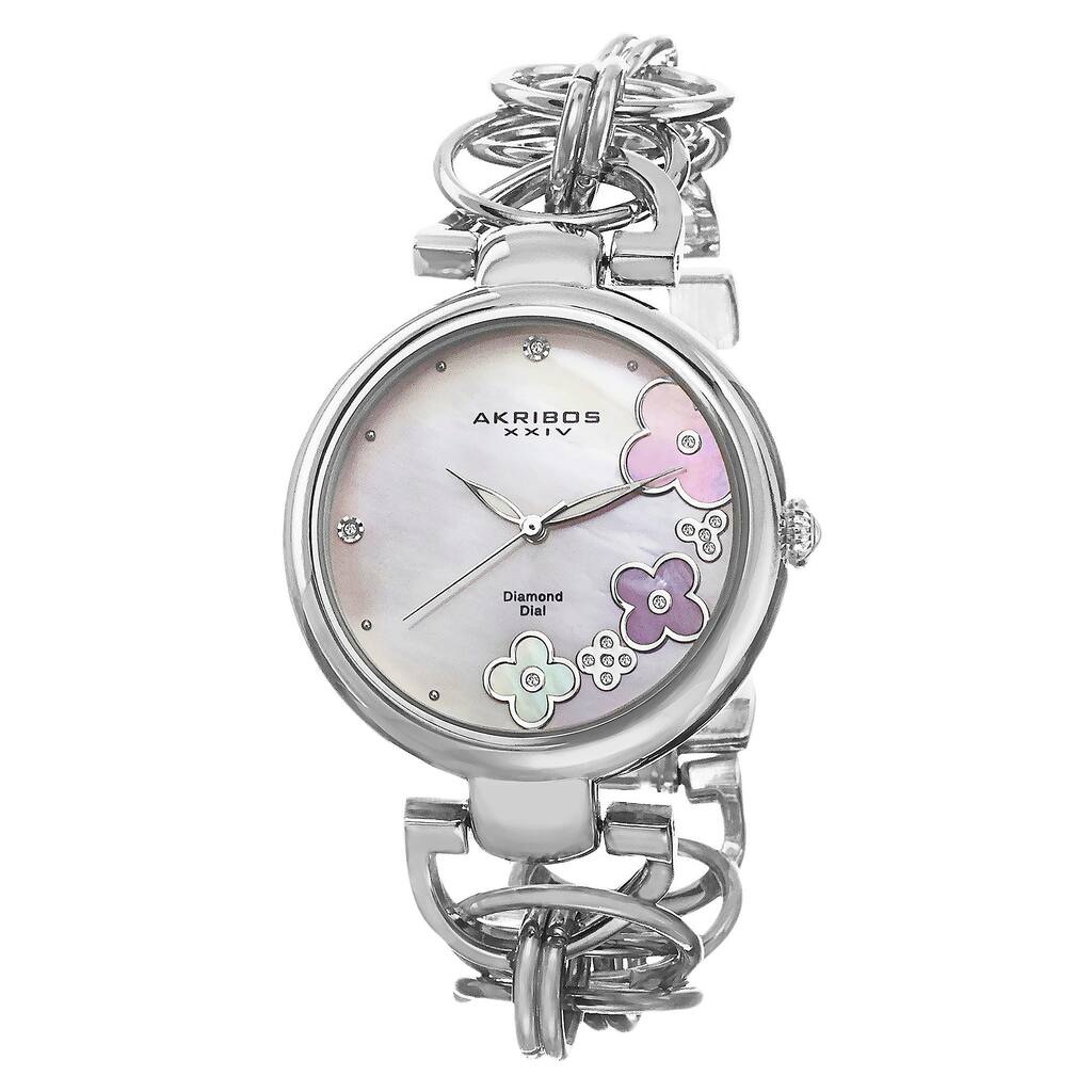 Akribos XXIV Women's Diamond Flower Dial Twist Chain Silver-Tone Bracelet Watch