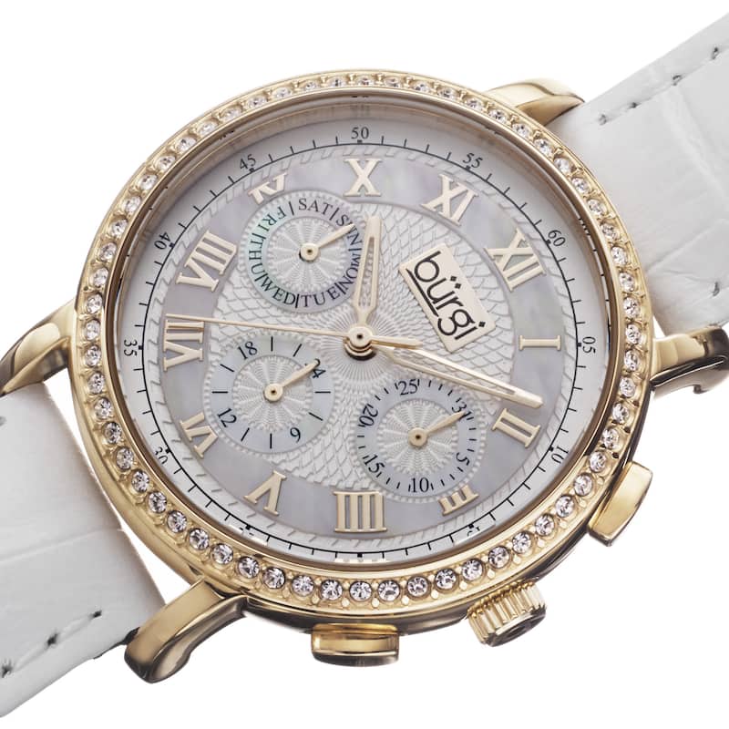Burgi Ladies Swiss Quartz Multifunction Leather Gold-Tone Strap Watch