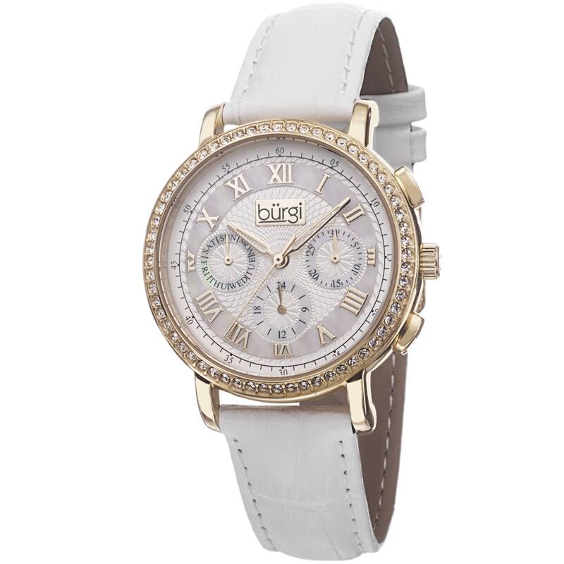 Burgi Ladies Swiss Quartz Multifunction Leather Gold-Tone Strap Watch