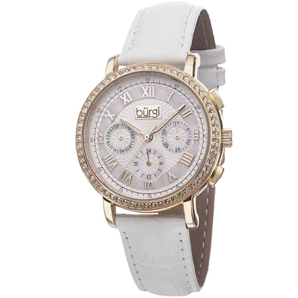 Burgi Ladies Swiss Quartz Multifunction Leather Gold-Tone Strap Watch