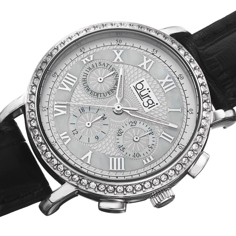 Burgi Ladies Crystal-accented Swiss Quartz Multifunction Leather Black Strap Watch