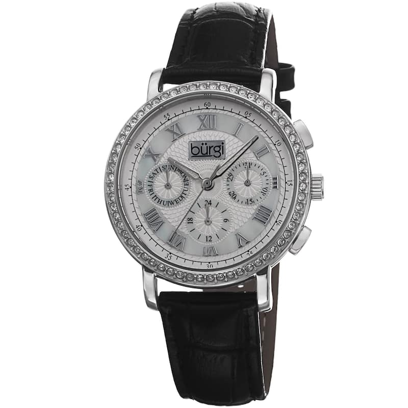 Burgi Ladies Crystal-accented Swiss Quartz Multifunction Leather Black Strap Watch