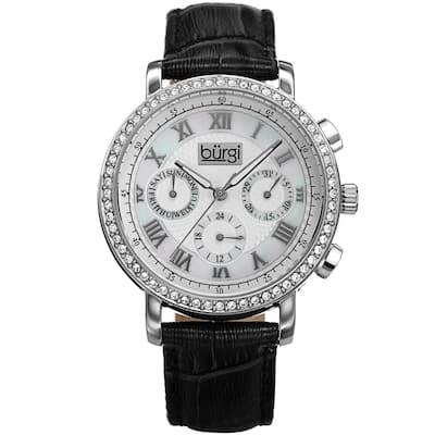 Burgi Ladies Crystal-accented Swiss Quartz Multifunction Leather Black Strap Watch