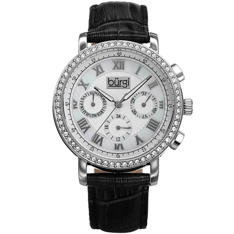 Burgi Ladies Crystal-accented Swiss Quartz Multifunction Leather Black Strap Watch