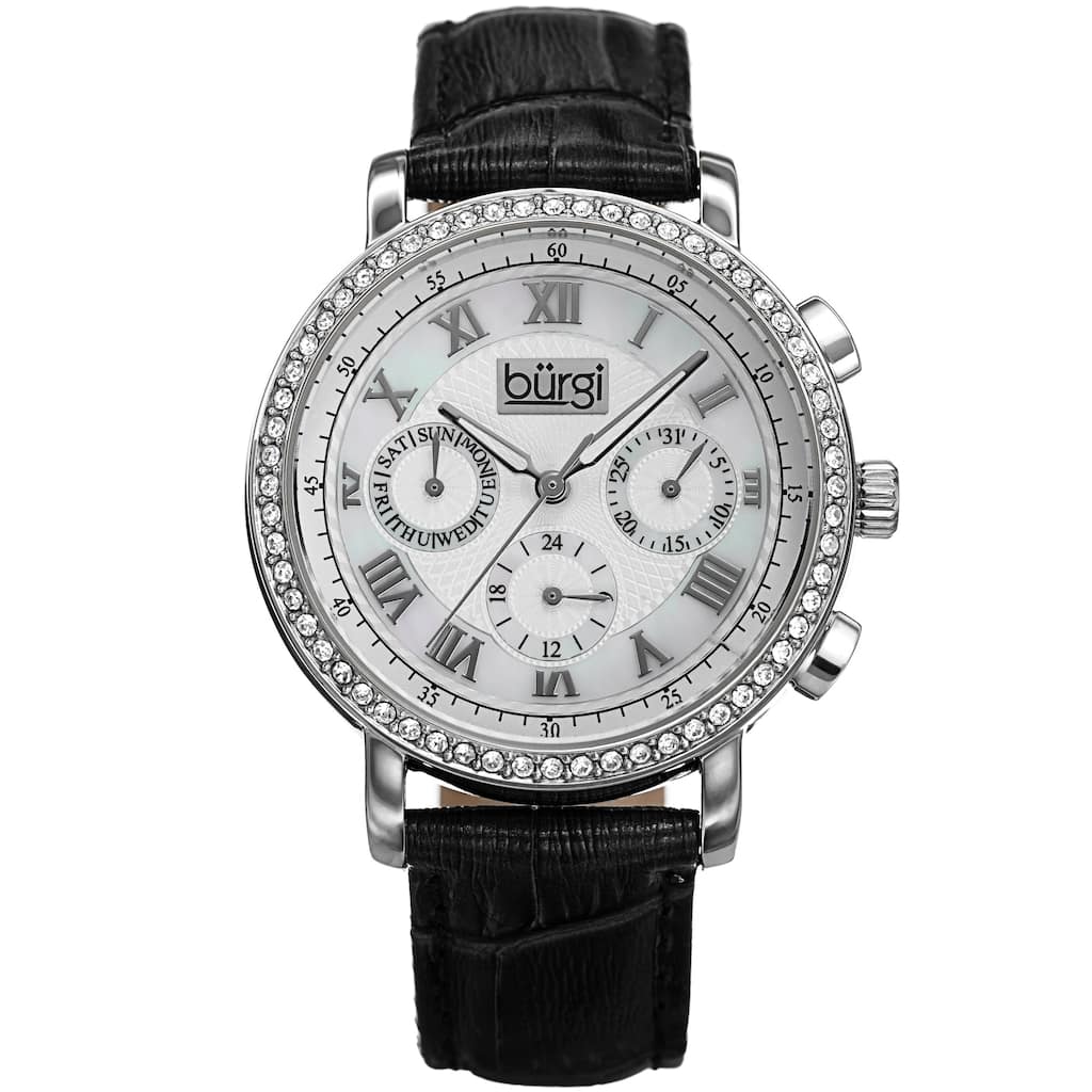Burgi Ladies Crystal-accented Swiss Quartz Multifunction Leather Black Strap Watch