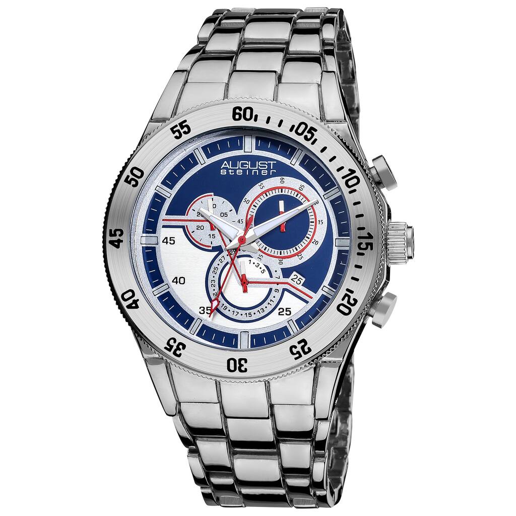 August Steiner Men's Blue-dial Swiss Quartz Chronograph Silver-Tone Bracelet Watch