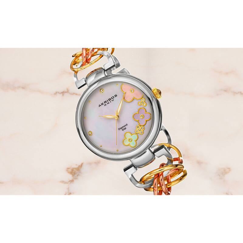 Akribos XXIV Women's Diamond Flower Dial Twist Chain Bracelet Watch