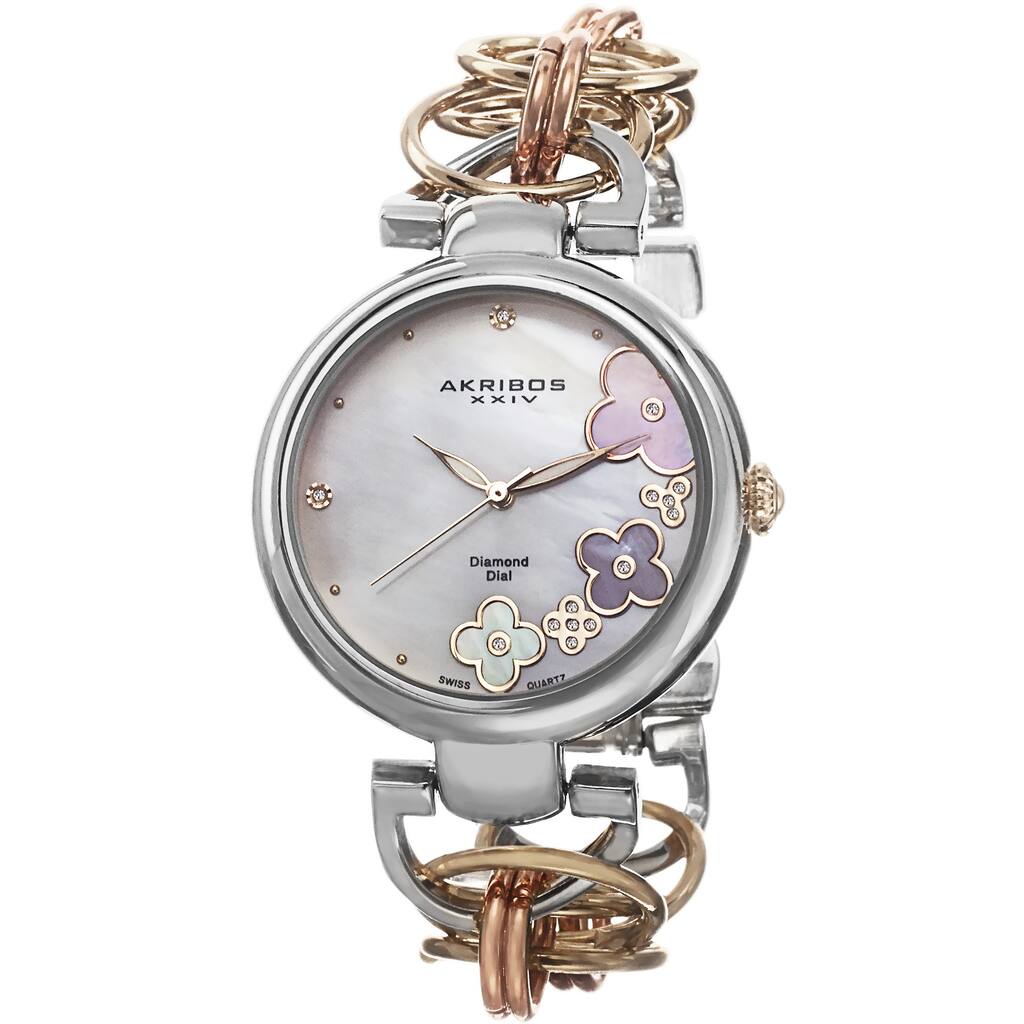 Akribos XXIV Women's Diamond Flower Dial Twist Chain Bracelet Watch