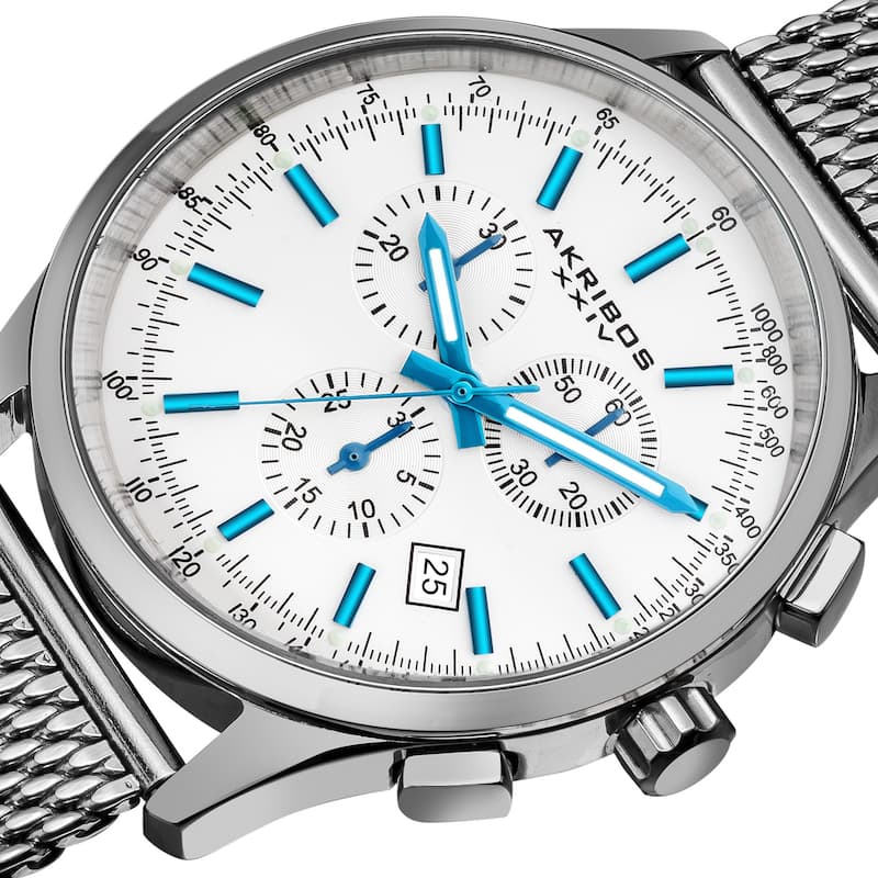 Akribos XXIV Men's Chronograph Tachymeter Stainless Steel White-dial Silver-Tone Bracelet Watch