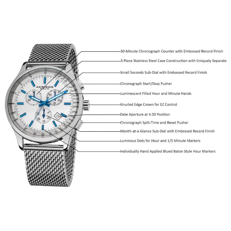 Akribos XXIV Men's Chronograph Tachymeter Stainless Steel White-dial Silver-Tone Bracelet Watch