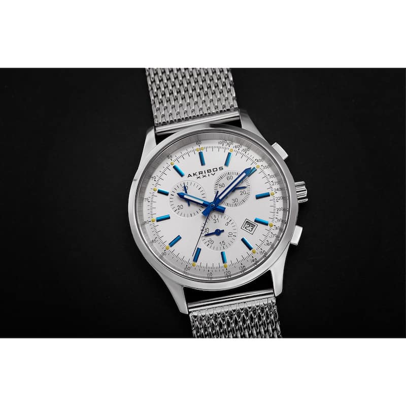 Akribos XXIV Men's Chronograph Tachymeter Stainless Steel White-dial Silver-Tone Bracelet Watch