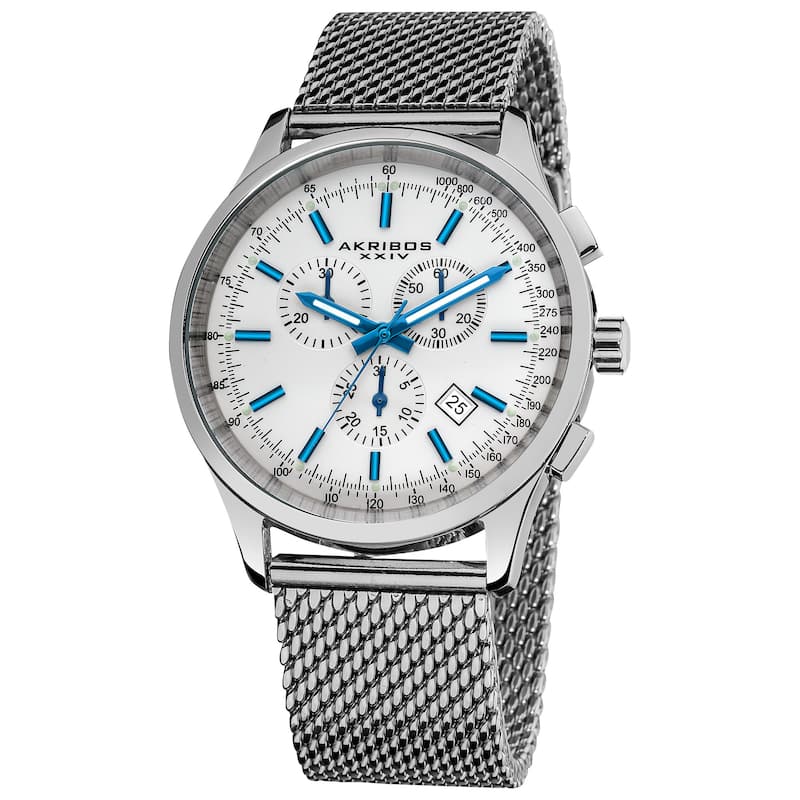 Akribos XXIV Men's Chronograph Tachymeter Stainless Steel White-dial Silver-Tone Bracelet Watch