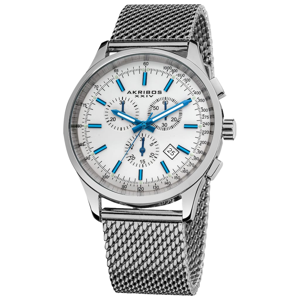 Akribos XXIV Men's Chronograph Tachymeter Stainless Steel White-dial Silver-Tone Bracelet Watch