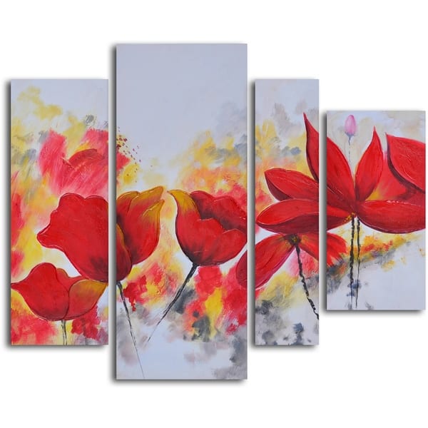 'Enflamed red petals' 4-piece Oil Painting - Overstock - 8497381