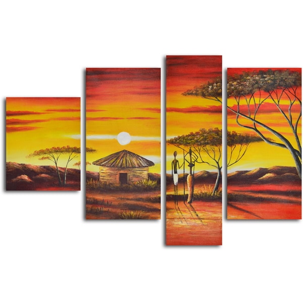 African homestead sunset 4 piece Hand Painted Oil Painting