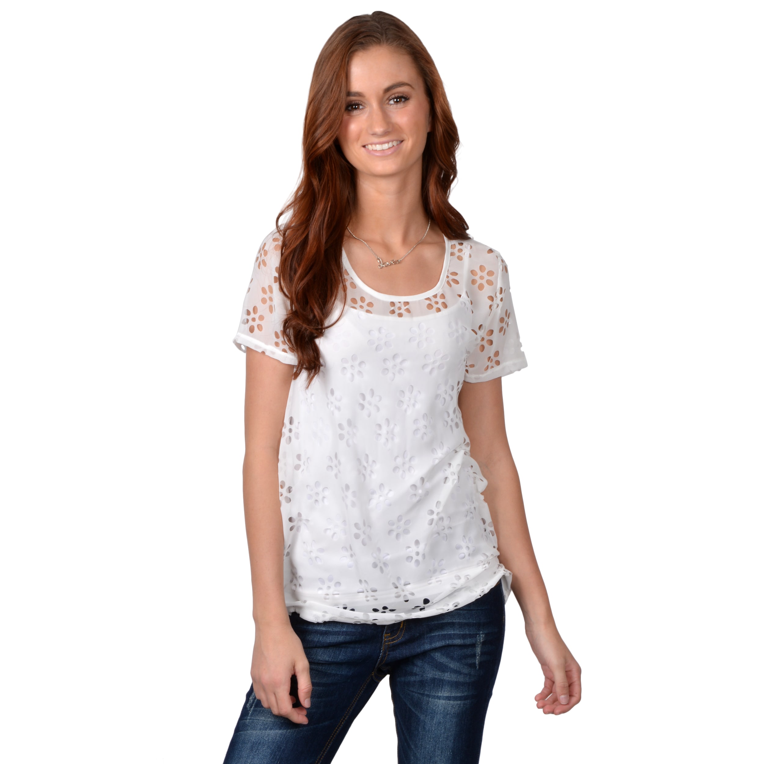 Journee Collection Journee Collection Womens Lightweight Short Sleeve Cut out Top White Size S (4  6)