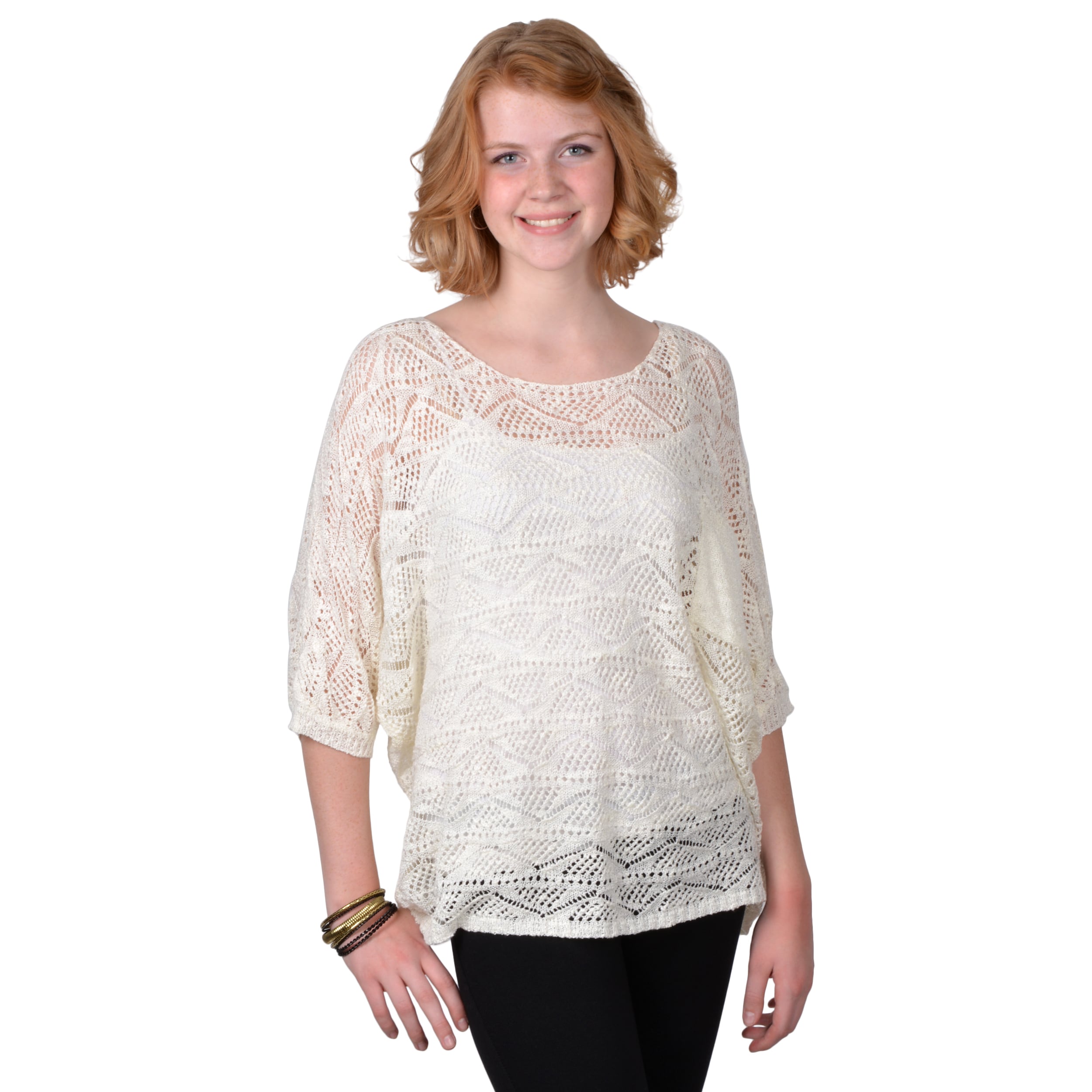 Journee Collection Journee Collection Womens Short sleeve Crochet Top White Size M (8  10)