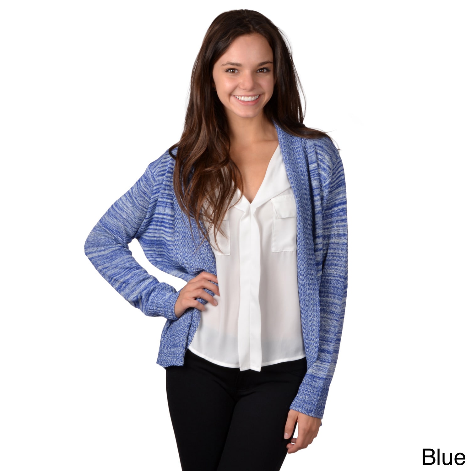 Journee Collection Journee Collection Womens Long Open Front Cardigan Blue Size L (12  14)