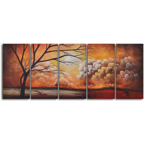 'Tree silhouette by thunder' 5-piece Hand Painted Oil Painting ...