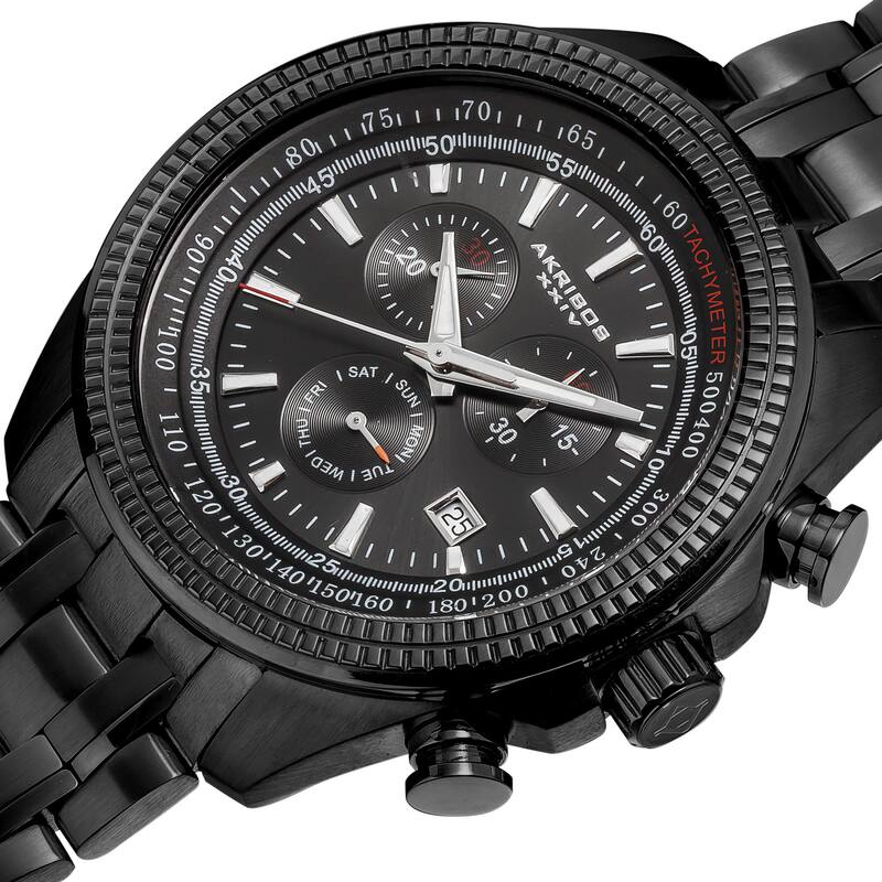 Akribos XXIV Men's Chronograph Tachymeter Black Stainless Steel Bracelet Watch