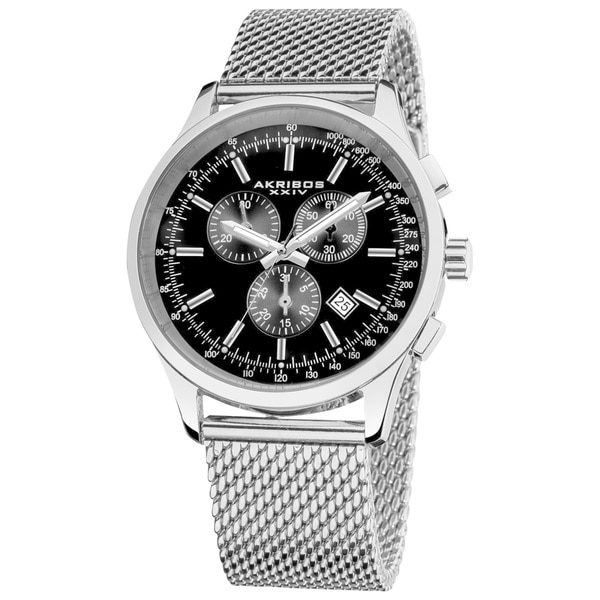 Akribos XXIV Men's Chronograph Tachymeter Stainless Steel Black-dial Silver-Tone Bracelet Watch