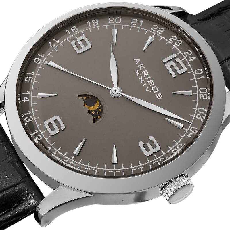 Akribos XXIV Men's Swiss Quartz Moon Phase Leather Silver-Tone Strap Stainless Steel Watch