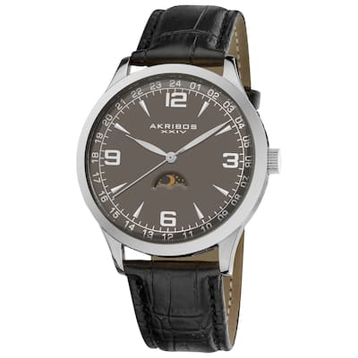 Akribos XXIV Men's Swiss Quartz Moon Phase Leather Silver-Tone Strap Stainless Steel Watch